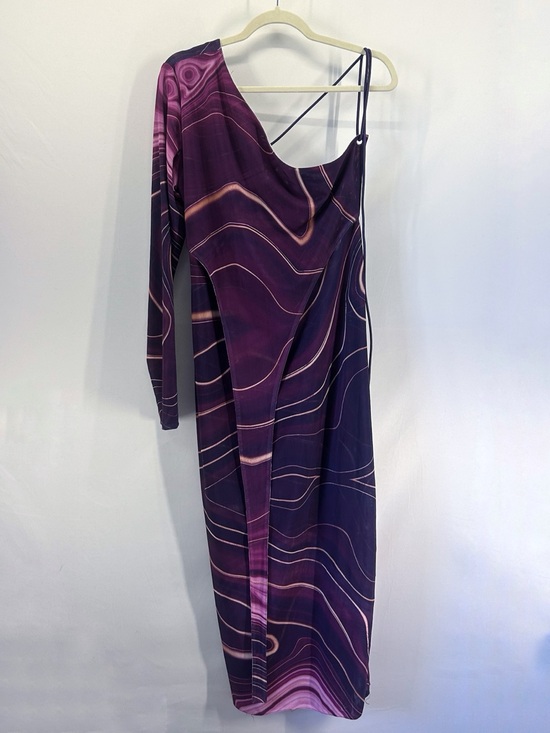 Bbxbrand Dresses & Skirts - BBXBrand Mesh Purple Swirl Abstract One Shoulder Long Sleeve Midi Dress Size 14
